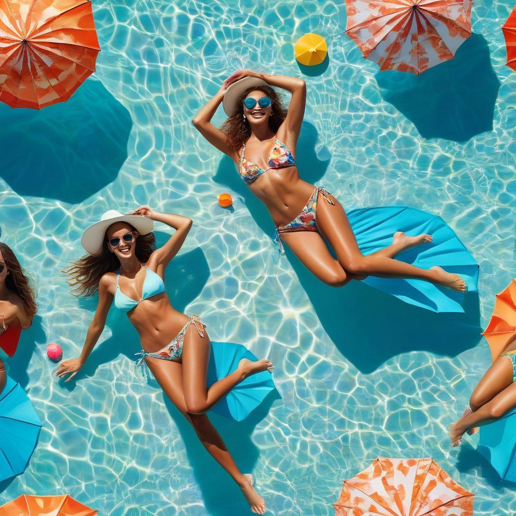A vibrant beach scene showcasing diverse models flaunting the latest bikini trends, surrounded by colorful beach umbrellas and crystal-clear water. Include stylish swimwear accessories like sunglasses and beach hats, with a sunny blue sky overhead. Captivate the essence of summer and relaxation, evoking a fun and trendy beach getaway vibe. super-realistic. vibrant colors. summer aesthetic.