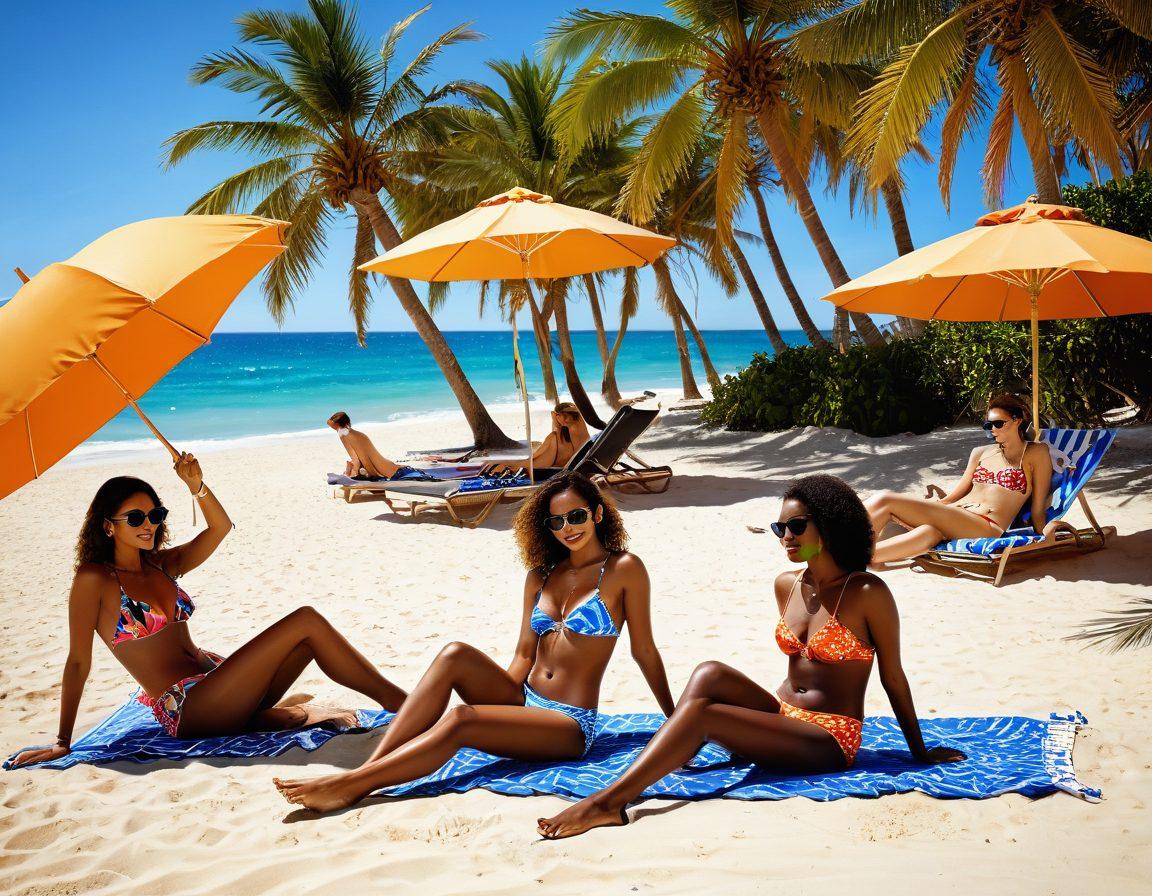 An elegant beach scene showcasing a diverse group of stylish individuals in trendy swimwear, vibrant prints, and chic accessories. The backdrop features a sunny shoreline with crystal-clear water, palm trees, and colorful beach umbrellas, capturing the essence of a fashionable escape. Include playful beach toys and stylish sunglasses for added flair. golden hour lighting for a warm, inviting atmosphere. super-realistic. vibrant colors.