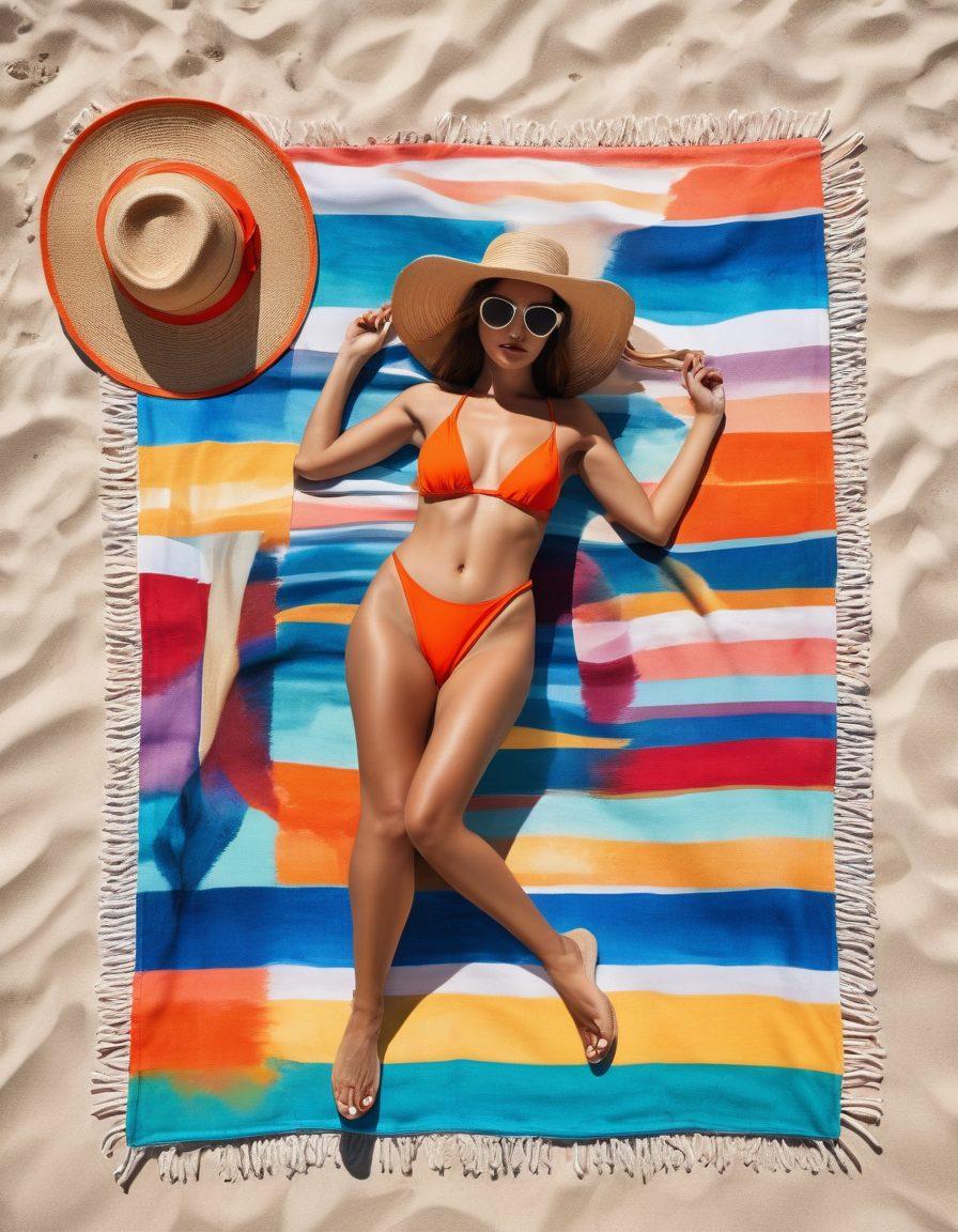A vibrant beach scene featuring a stylishly dressed female model showcasing trendy swimwear combinations, accessorized with oversized sunglasses and a wide-brimmed hat, lounging on a colorful beach towel next to a sun hat and flip-flops. In the background, a clear blue ocean and bright sun enhance the summer vibe, with playful beach umbrellas dotted around. The image conveys a sense of fashion and relaxation, perfect for beachgoers. vibrant colors. super-realistic.